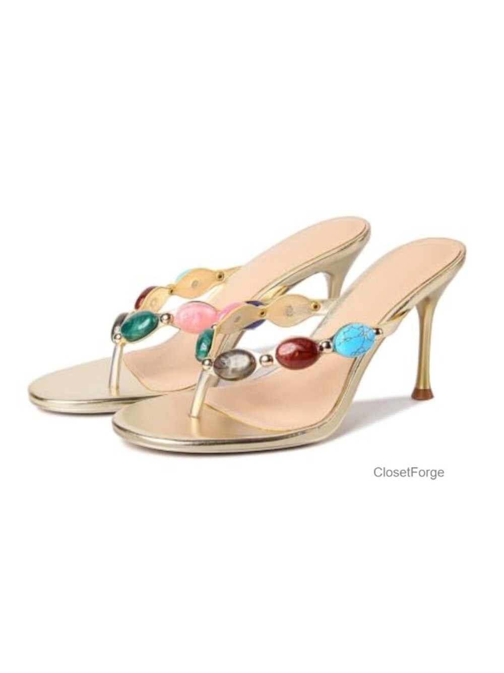 Jeweled Beaded Thong Heeled Sandals Faux Leather Stiletto Flip Flops
